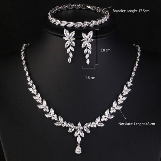 Crystal CZ Wedding Jewellery Set, Gift for Her, Bridal Necklace, Star Earrings & Bracelet, Leaf Style Design in Silver & Gold