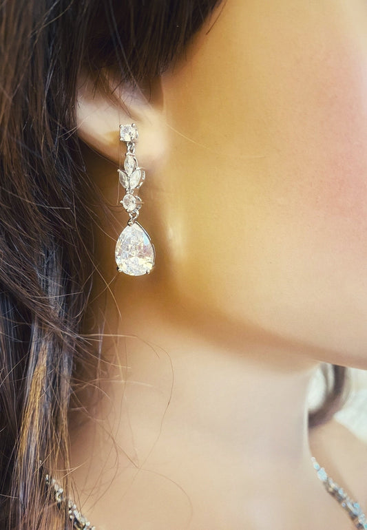 Crystal CZ Wedding Jewellery Set, Gift for Her, Bridal Necklace Tear Drop Earrings & Bracelet, Leaf Style Design in Silver & Gold