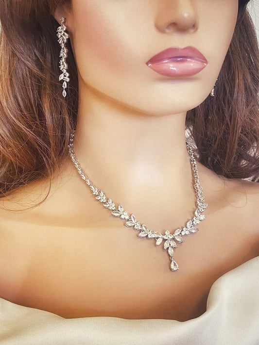 Crystal CZ Wedding Necklace Set, Gift for Her, Bridal Jewellery, Droplet Earrings, Bracelet in Silver & Gold. Leaf Style Design.