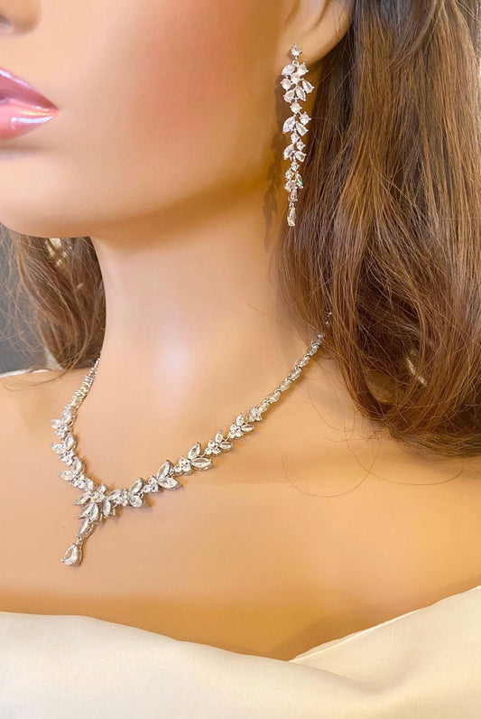 Crystal CZ Wedding Necklace Set, Gift for Her, Bridal Jewellery, Droplet Earrings, Bracelet in Silver & Gold. Leaf Style Design.