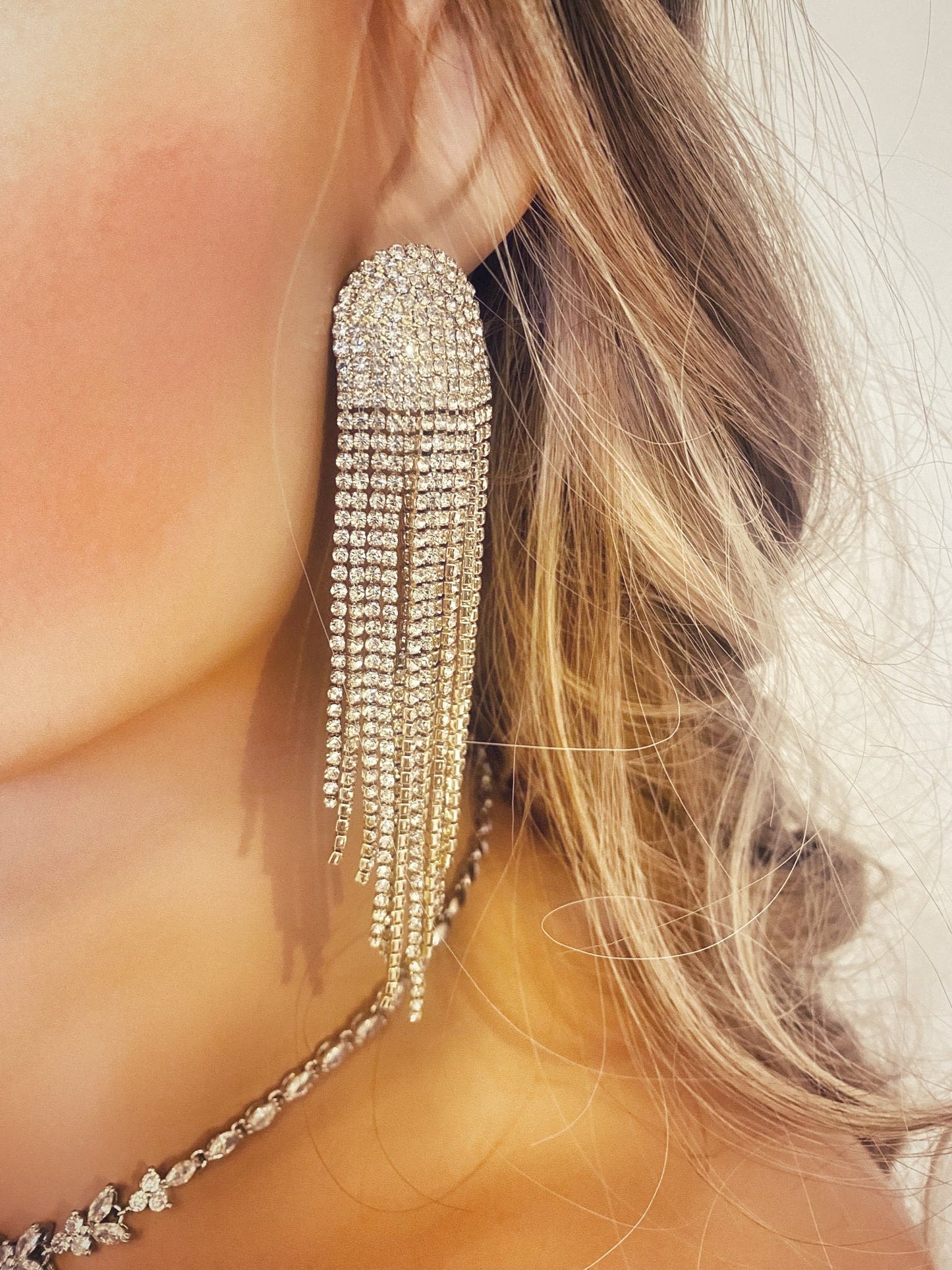 Crystal Fringe Earrings Gift for Her. Diamante Long Dangle Tassel Earrings Statement Fringe Earrings in Silver and Gold
