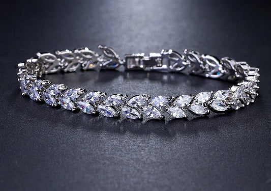 Cubic Zirconia Bridal Bracelet in a Leaf Style Design, Wedding Jewellery, Bridal Bracelet in Silver and Gold