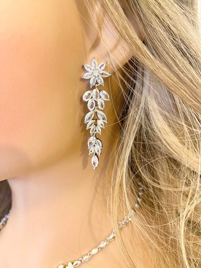 CZ Crystal Dangle Drop Bridal Earrings Flower Design Gift for Her in Silver
