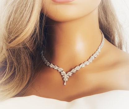 4pc CZ Jewellery Gift for Her or Bridal Jewellery Set Silver Wedding Necklace Earrings Bracelet Ring