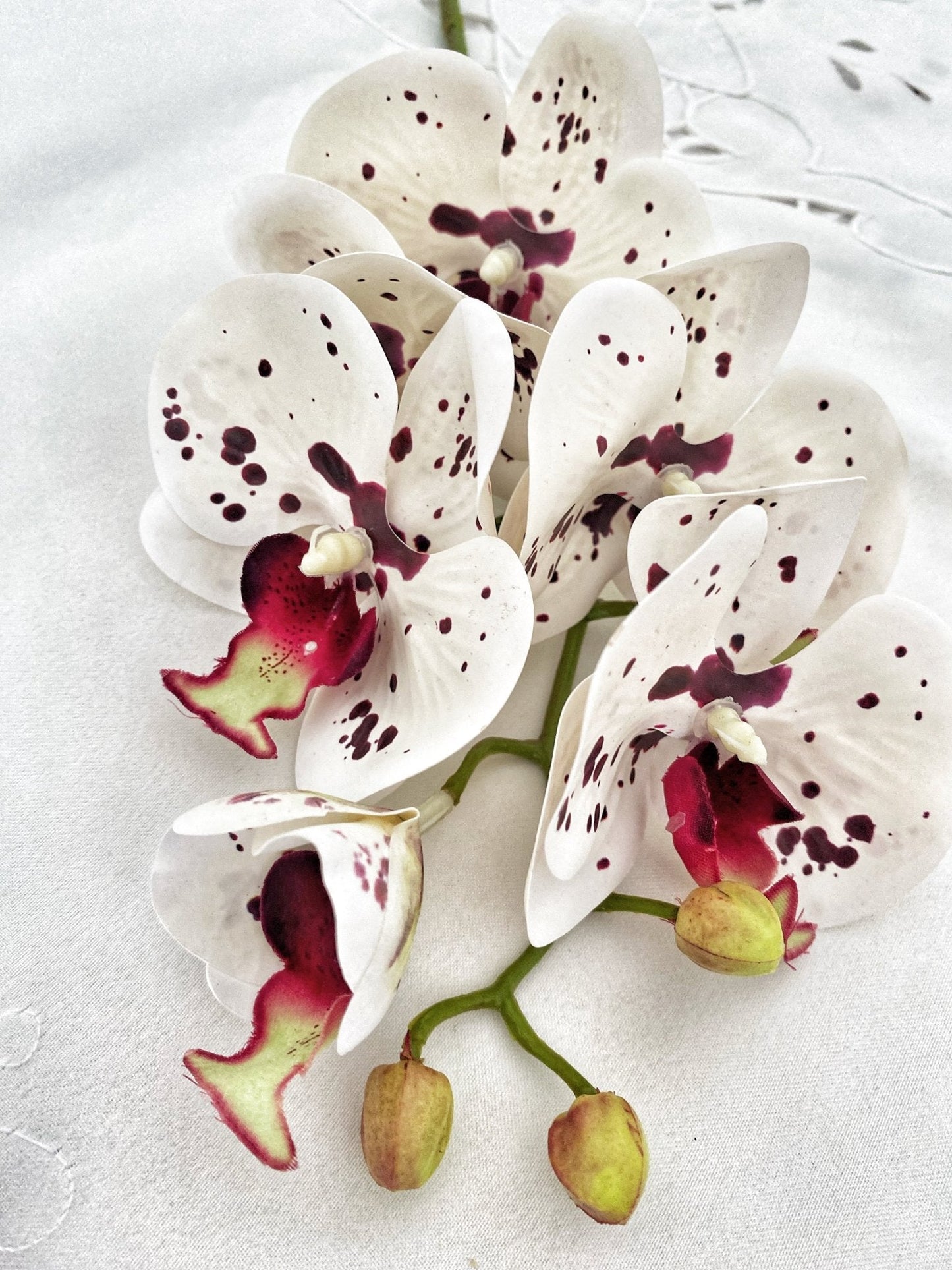 Artificial Orchid Flower Gift for Her, Real Touch Orchids White & Red Spotted Orchid Stem, White Flowers, Faux Artificial Flowers Wedding Flowers