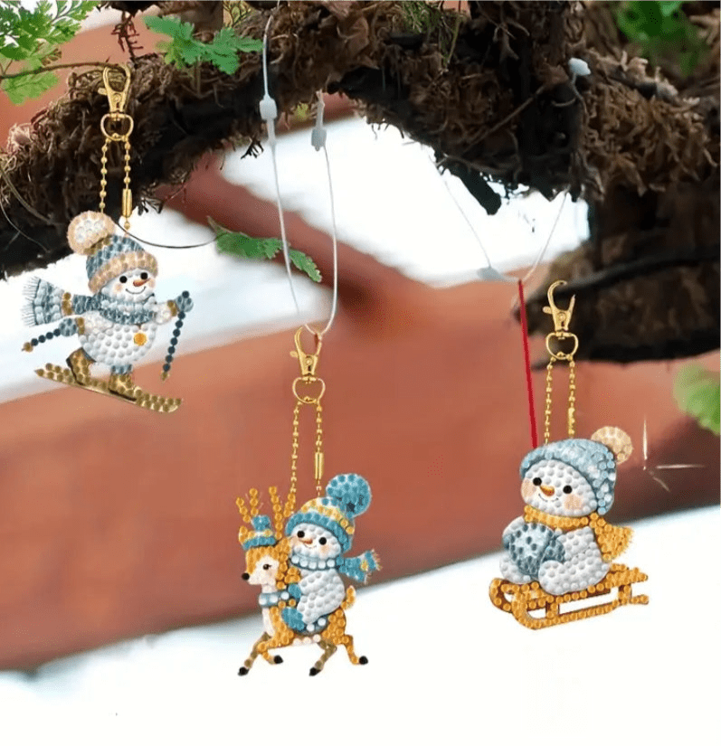 Christmas Snowman Diamond Art Keyring Decorations 6pcs - DIY Christmas Diamond Art Kit - Christmas Decoration Craft Kit in Acrylic