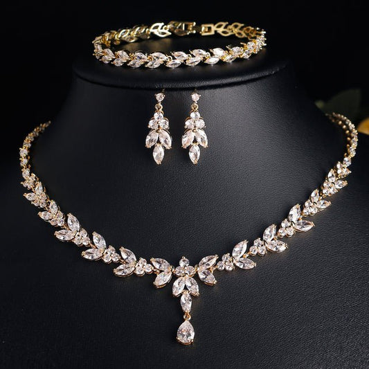 Crystal CZ Bridal Jewellery Set, Gift for Her, Necklace Earrings Bracelet in Gold Plated in Leaf Design