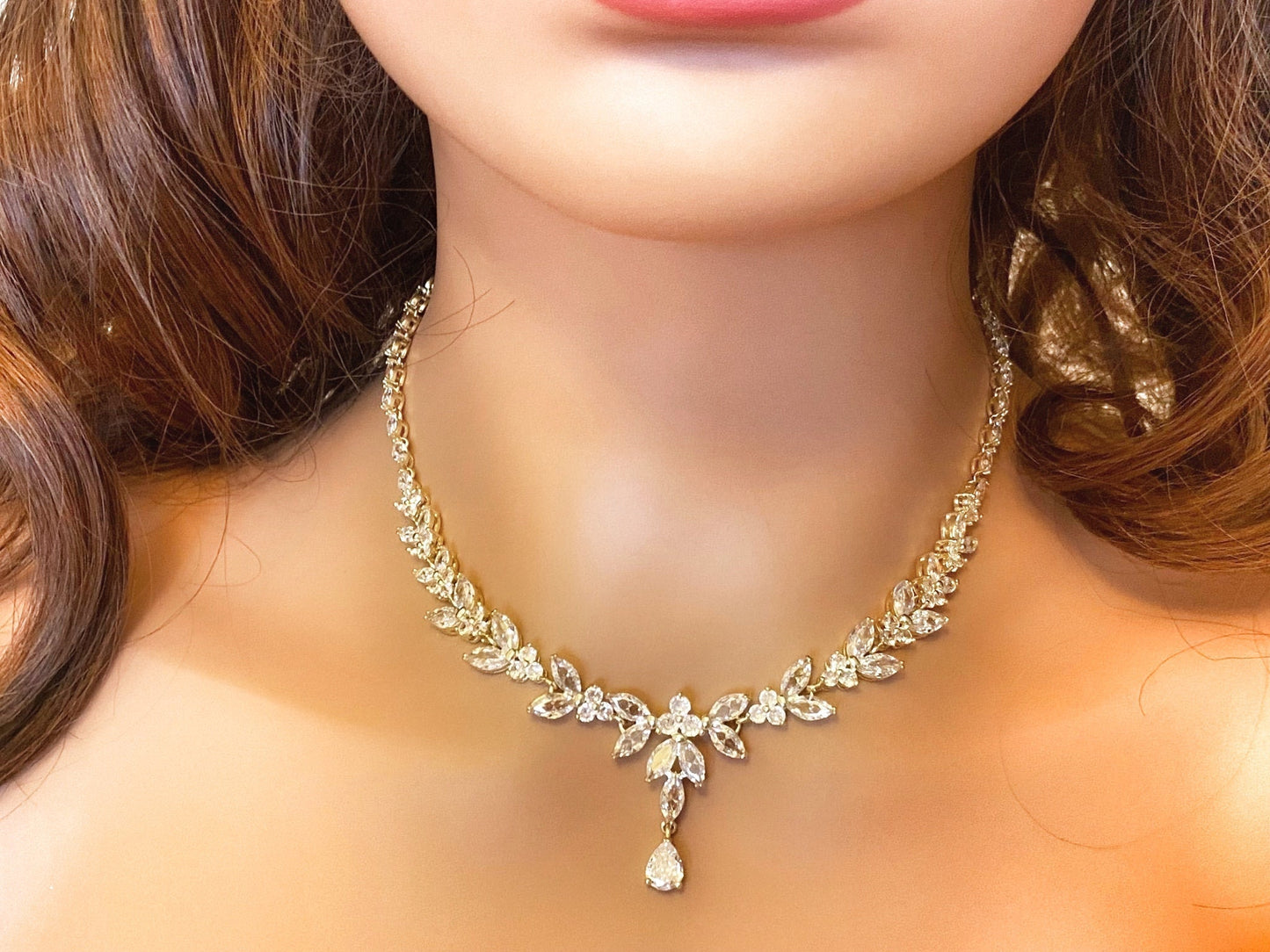 Crystal CZ Bridal Jewellery Set, Gift for Her, Necklace Earrings Bracelet in Gold Plated in Leaf Design