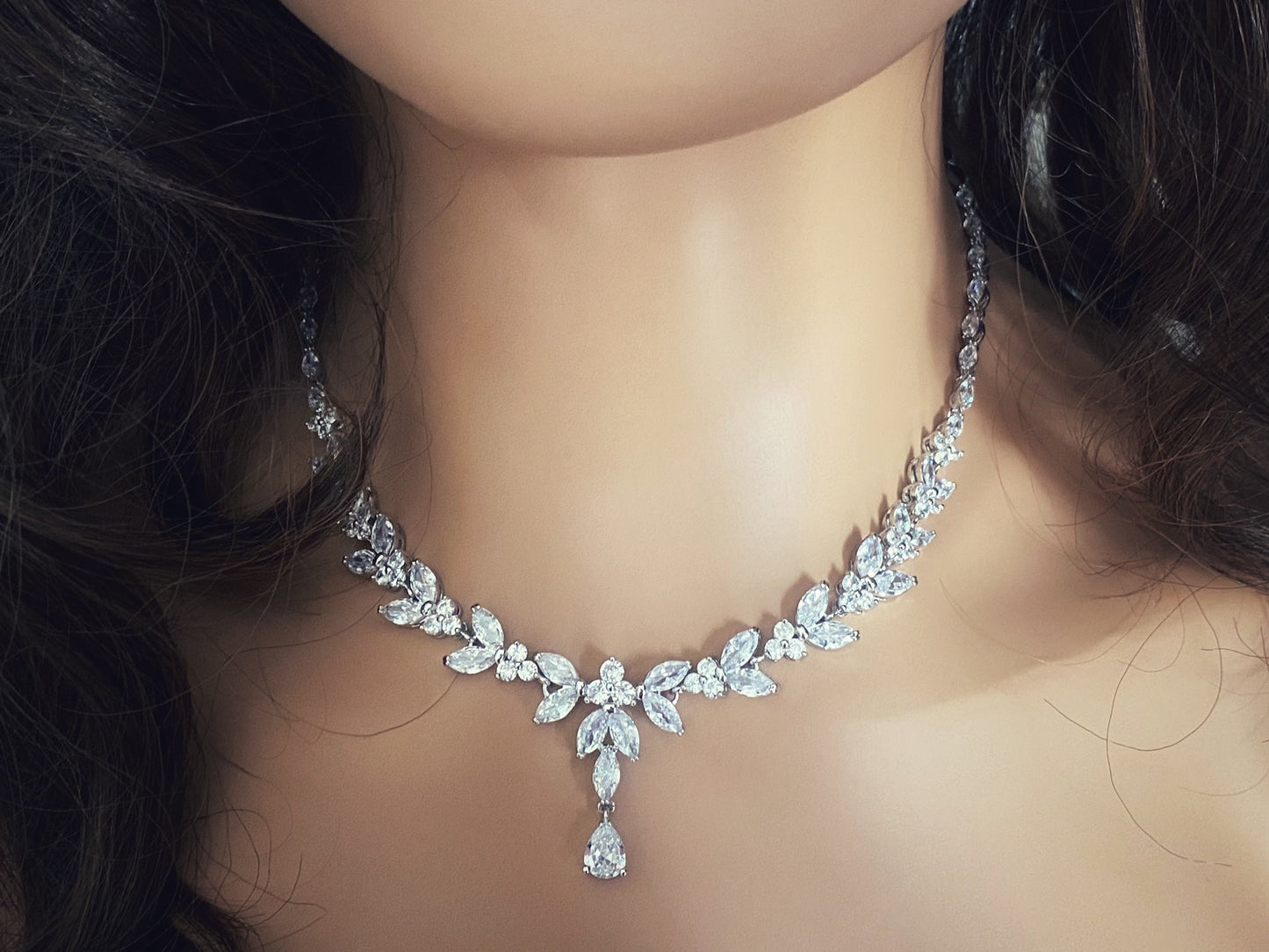 Crystal CZ Jewellery Set Gift for Her or Bridal Necklace Earrings and Bracelet Wedding Set Leaf Style Design in Silver and Gold