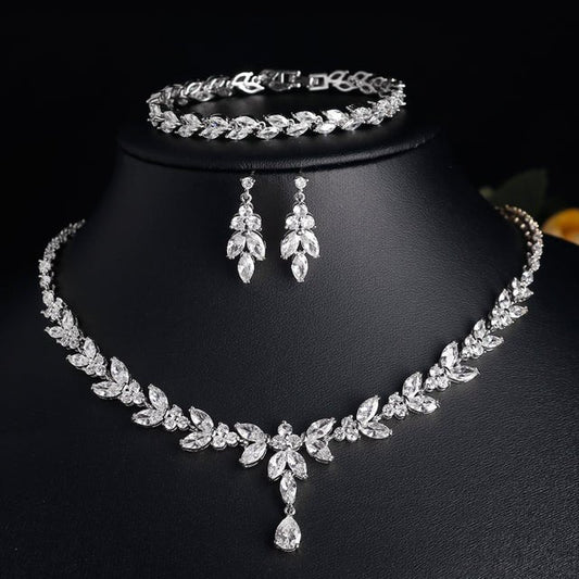 Crystal CZ Bridal Jewellery Set, Gift for Her, Silver Necklace Earrings Bracelet Leaf Design