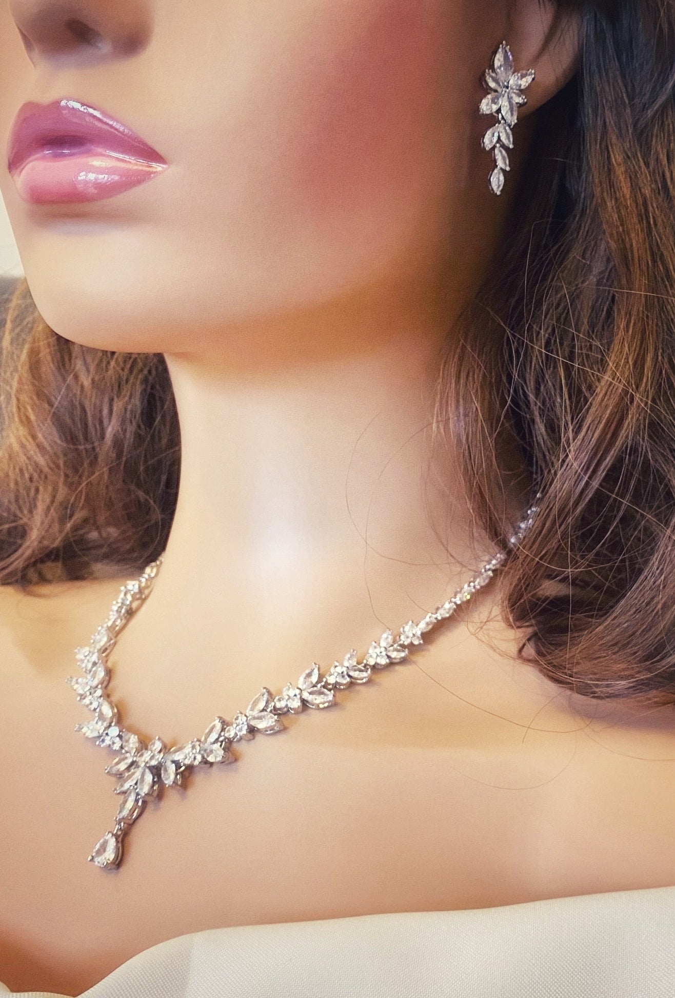 Crystal CZ Wedding Jewellery Set, Gift for Her, Bridal Necklace, Star Earrings & Bracelet, Leaf Style Design in Silver & Gold