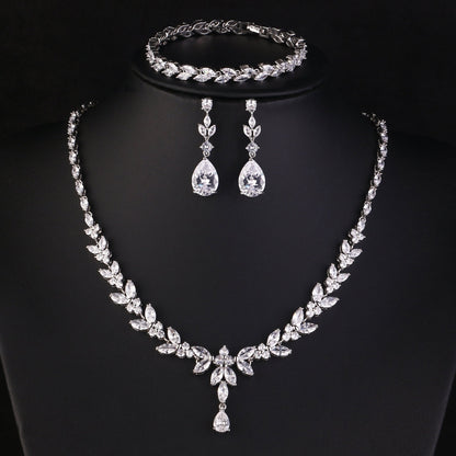 Crystal CZ Wedding Jewellery Set, Gift for Her, Bridal Necklace Tear Drop Earrings & Bracelet, Leaf Style Design in Silver & Gold