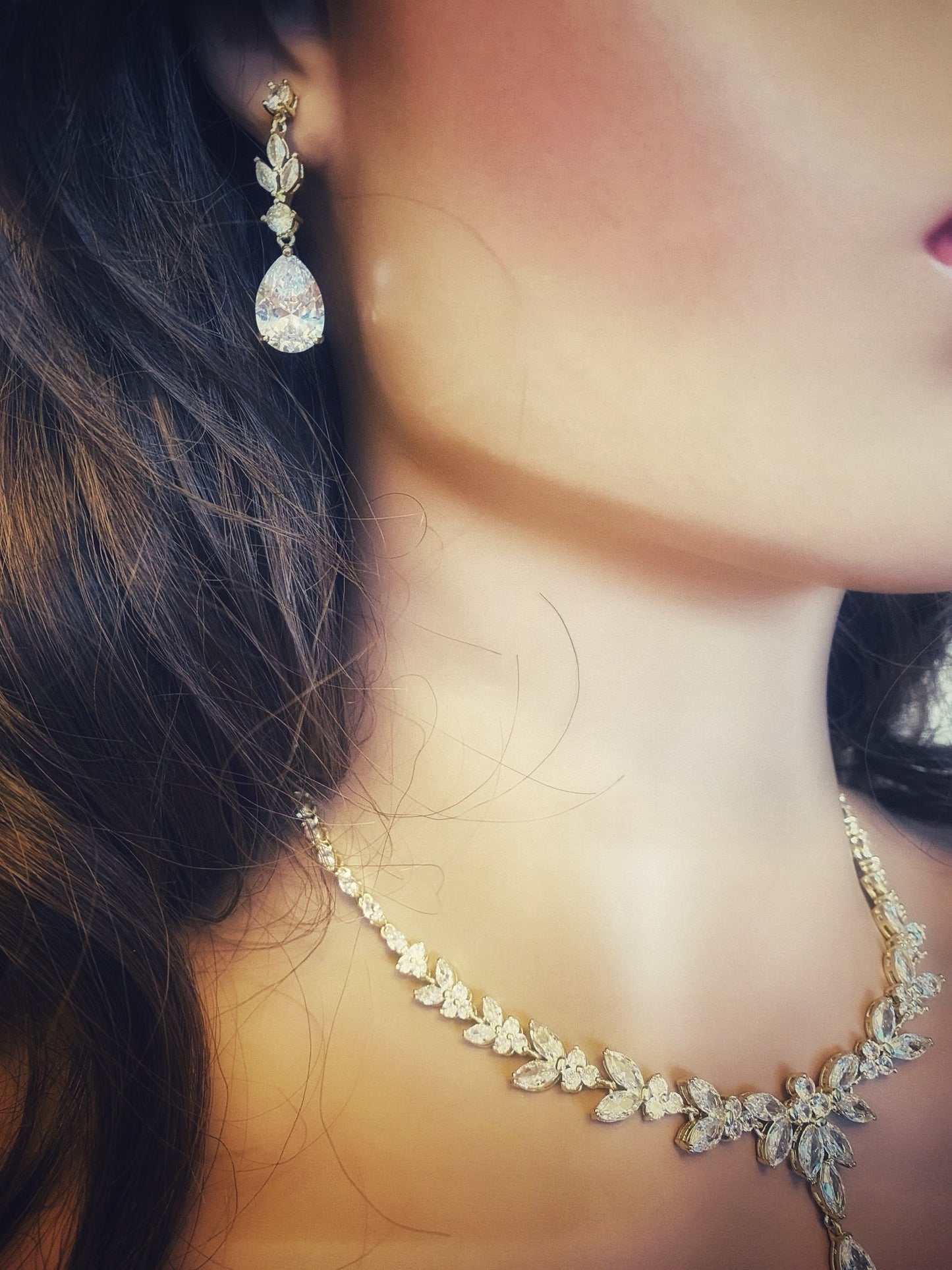 Crystal CZ Wedding Jewellery Set, Gift for Her, Bridal Necklace Tear Drop Earrings & Bracelet, Leaf Style Design in Silver & Gold