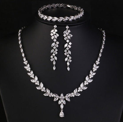 Crystal CZ Wedding Necklace Set, Gift for Her, Bridal Jewellery, Droplet Earrings, Bracelet in Silver & Gold.  Leaf Style Design.