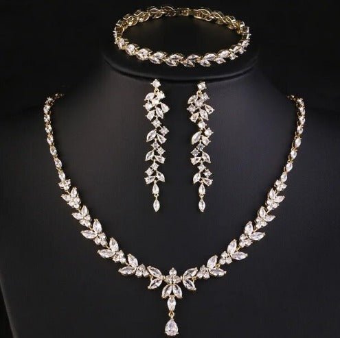 Crystal CZ Wedding Necklace Set, Gift for Her, Bridal Jewellery, Droplet Earrings, Bracelet in Silver & Gold.  Leaf Style Design.