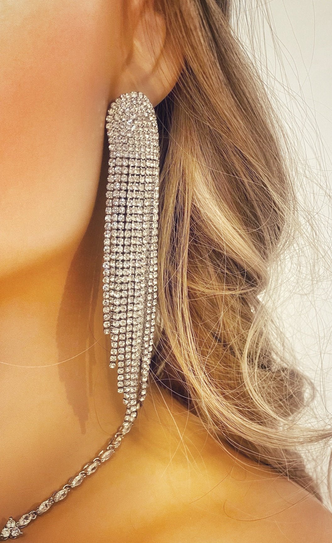 Crystal Fringe Earrings Gift for Her.  Diamante Long Dangle Tassel Earrings Statement Fringe Earrings in Silver and Gold