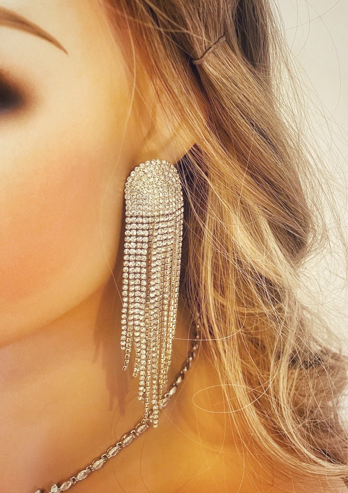 Crystal Fringe Earrings Gift for Her.  Diamante Long Dangle Tassel Earrings Statement Fringe Earrings in Silver and Gold