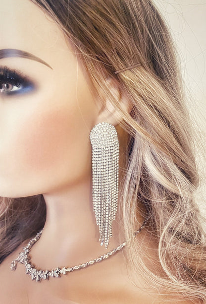 Crystal Fringe Earrings Gift for Her.  Diamante Long Dangle Tassel Earrings Statement Fringe Earrings in Silver and Gold