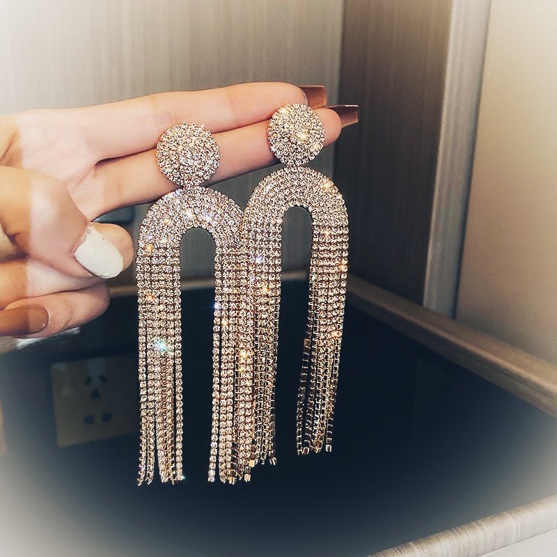 Crystal Fringe Earrings, Gift for Her, U Shaped Dangle Tassel Earrings, Diamante Earrings in Silver or Gold, Fringe Earrings, Statement Earrings