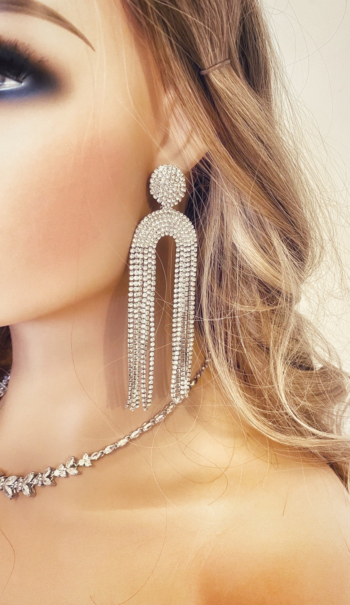 Crystal Fringe Earrings, Gift for Her, U Shaped Dangle Tassel Earrings, Diamante Earrings in Silver or Gold, Fringe Earrings, Statement Earrings