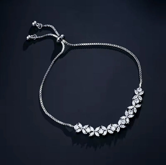 CZ Bridal Bracelet with Flower Design in Silver, White Gold Plated, Wedding Bracelet Accessories
