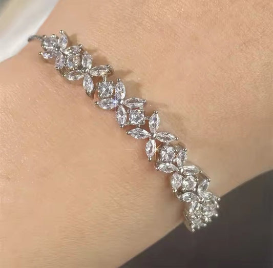 CZ Bridal Bracelet with Flower Design in Silver, White Gold Plated, Wedding Bracelet Accessories
