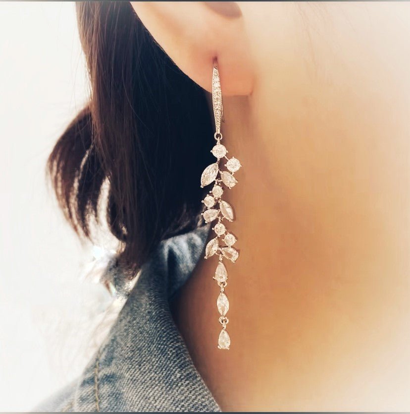 CZ Bridal Hoop Dangle Earrings Silver or Rose Gold Crystal Wedding Earrings Gift for Her