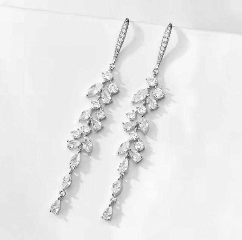 CZ Bridal Hoop Dangle Earrings Silver or Rose Gold Crystal Wedding Earrings Gift for Her