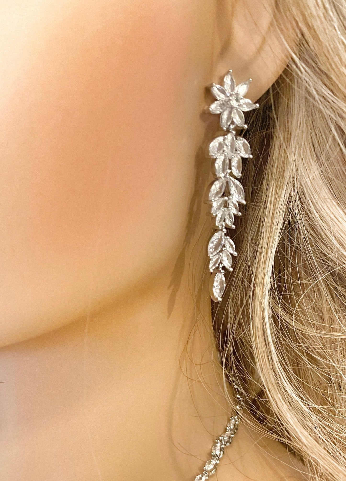 CZ Crystal Dangle Drop Bridal Earrings Flower Design Gift for Her in Silver