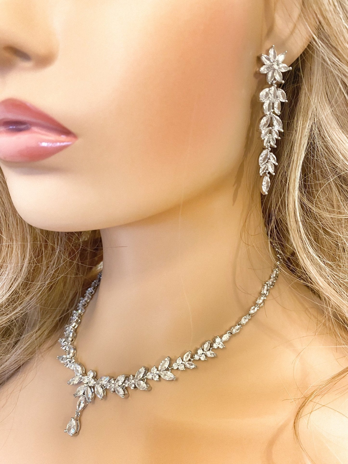 CZ Crystal Dangle Drop Bridal Earrings Flower Design Gift for Her in Silver