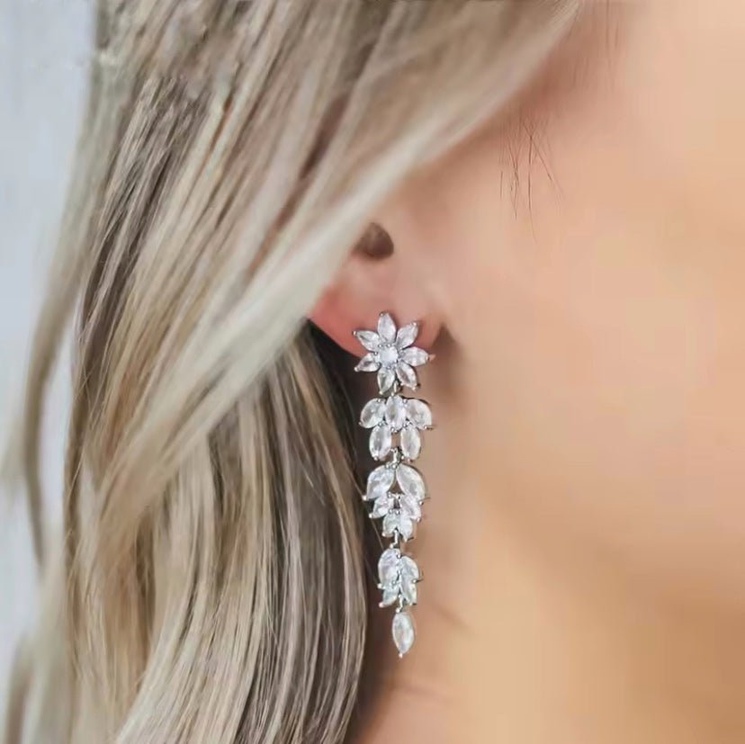 CZ Crystal Dangle Drop Bridal Earrings Flower Design Gift for Her in Silver