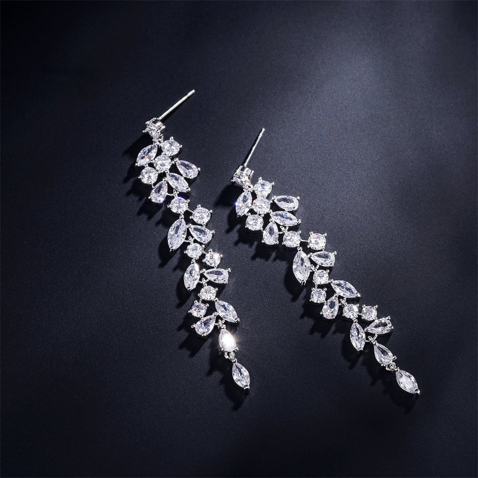 CZ Crystal Dangle Wedding Earring, Gift for Her, Two Tone Diamante Long Dangle Earring in Silver, Gold and Rose Gold