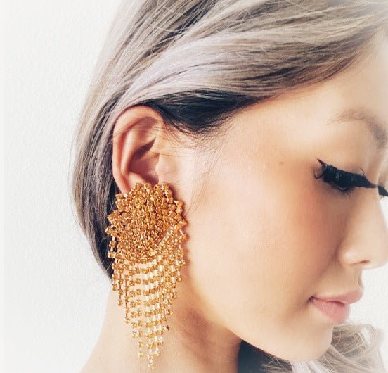 Large Crystal Fringe Earrings, Diamante Tassel Earrings, Statement Earrings, Gift for Her in Silver, Gold, Orange or Black