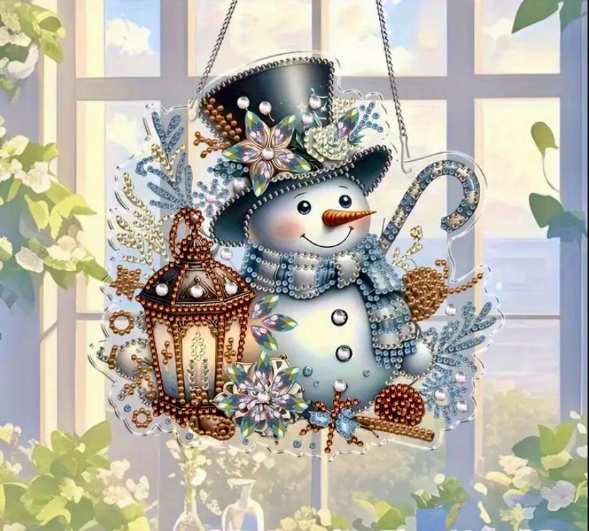 Snowman DIY Diamond Art Kit - Christmas Diamond Art Suncatcher - Christmas Decoration Craft Kit in Acrylic with Rhinestone Drills